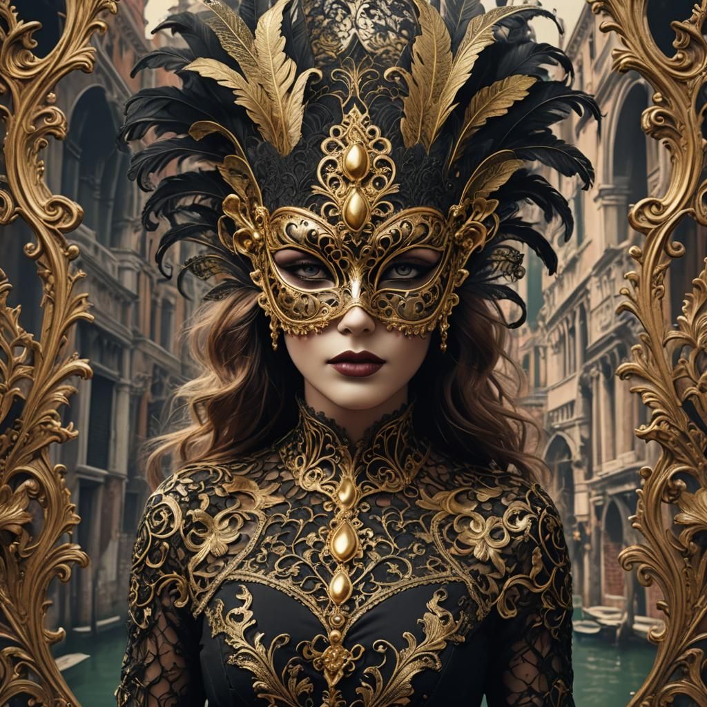 Epic Black and Gold Lace Mask for Venice Carnival