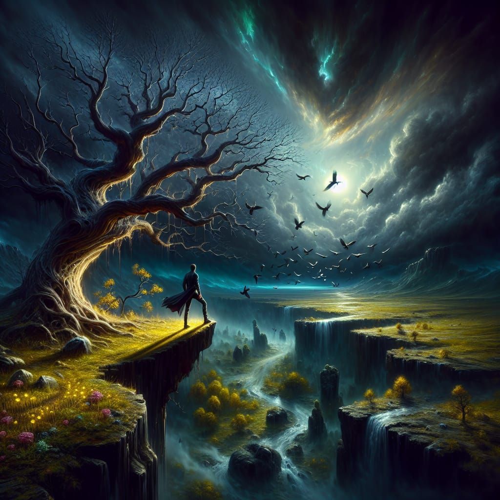 Moonlit Surreal Landscape with Figure and Tree