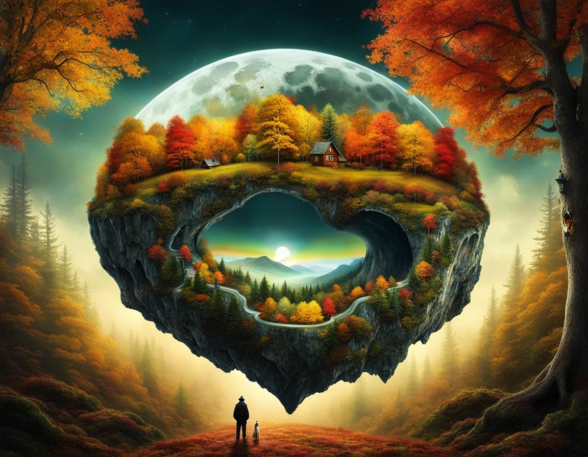 Surreal Autumn Forest Village Inside Crystal Moon