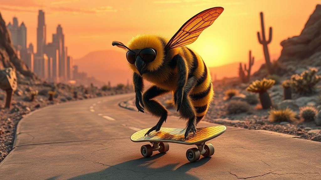 Gigantic Bee Skateboarder in Biomechanical New York