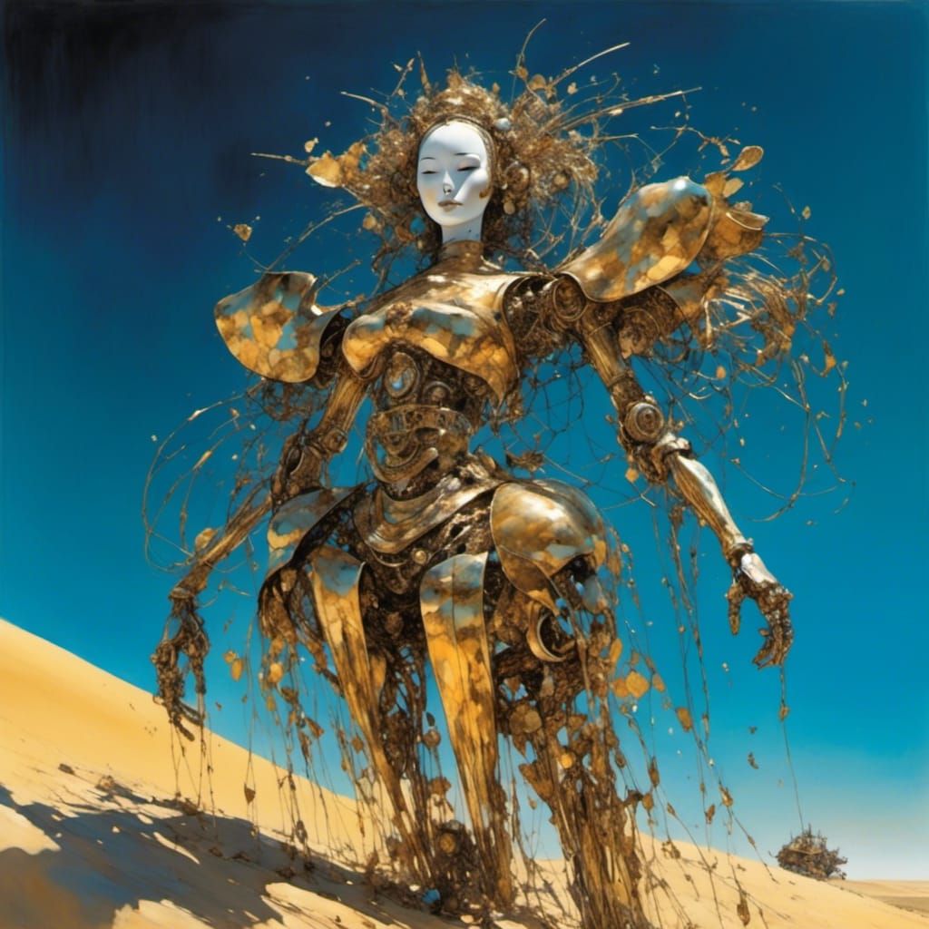 Robotic Geisha in Surreal Desert Landscape