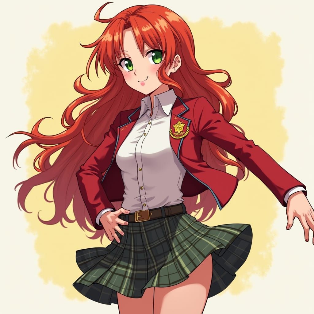 Confident Heroine in U.A. Uniform, Red Hair Flaring, Green E...
