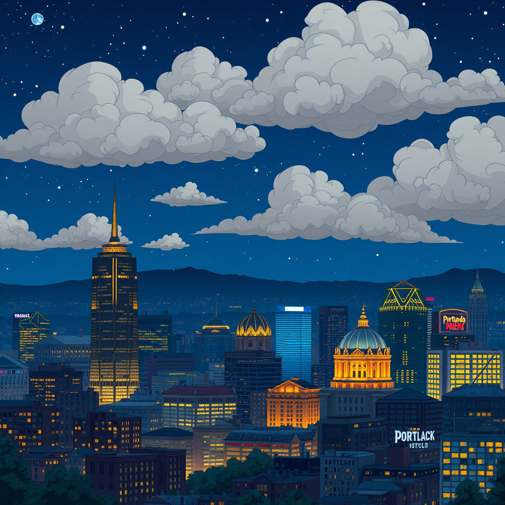 Portland Oregon Skyline in Studio Ghibli Style