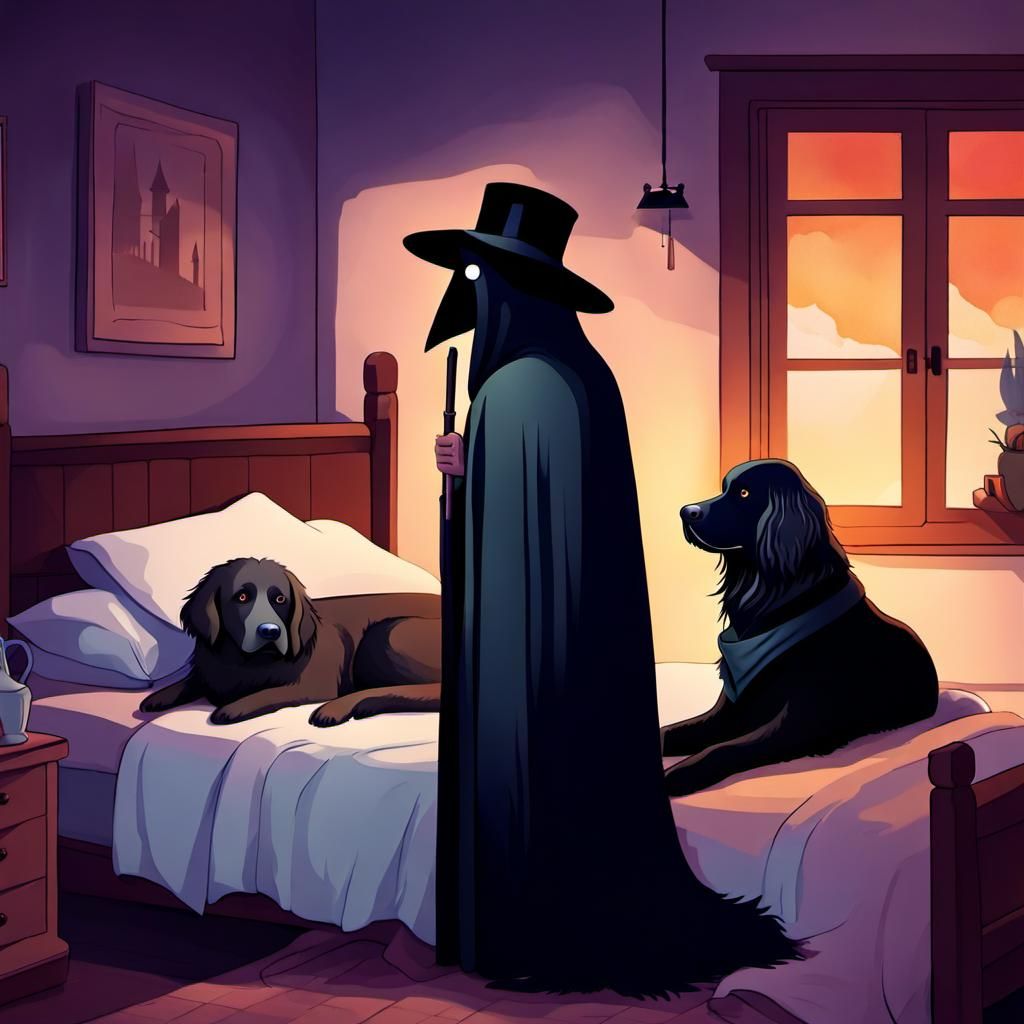 Plague Doctor and Newfoundland Dog in Cottage Interior