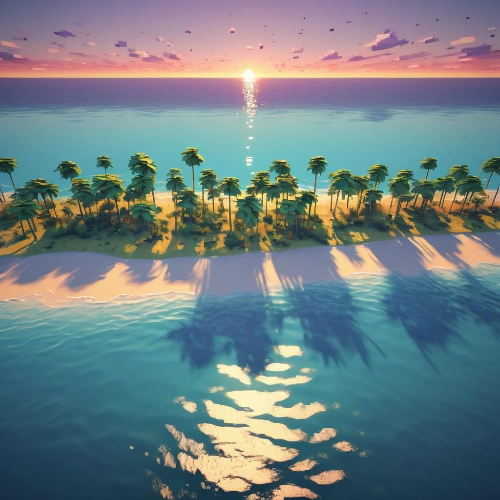 Vibrant Pixel Art Sunset Over Ocean Shoreline