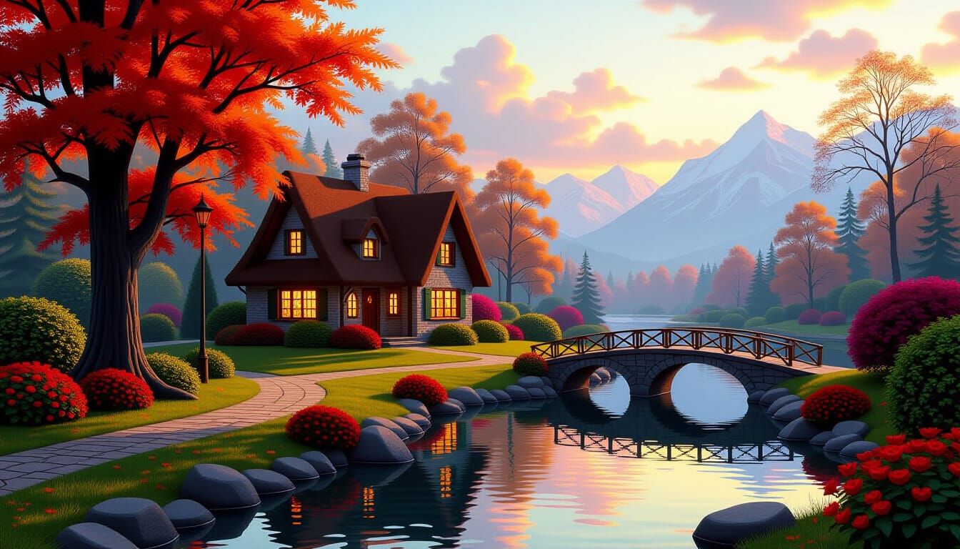 Luminous Autumn Fantasy Scenery in Embroidered Style