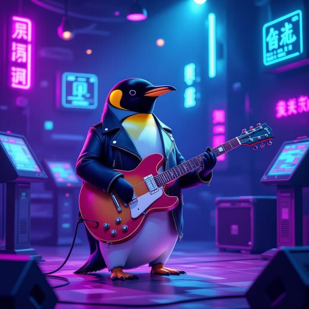 Penguin Rock Star in Neon Cyberpunk Anime Cafe