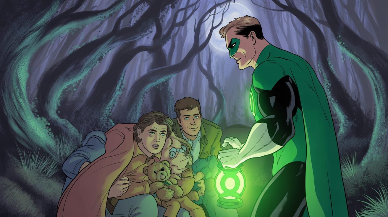 Green Lantern Hal Jordan faces a group of wearily travelers ...