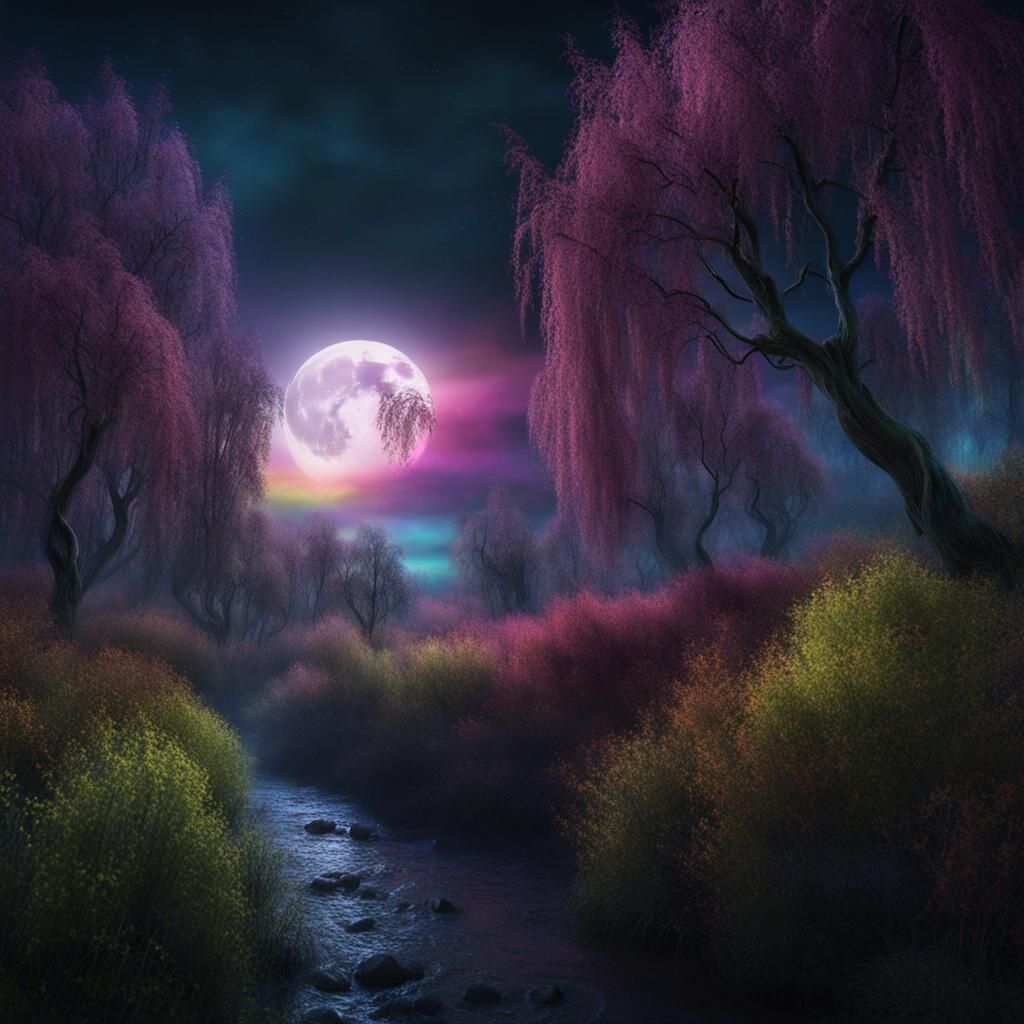 Enchanting Celestial Willow Forest Under Rainbow Moonlight