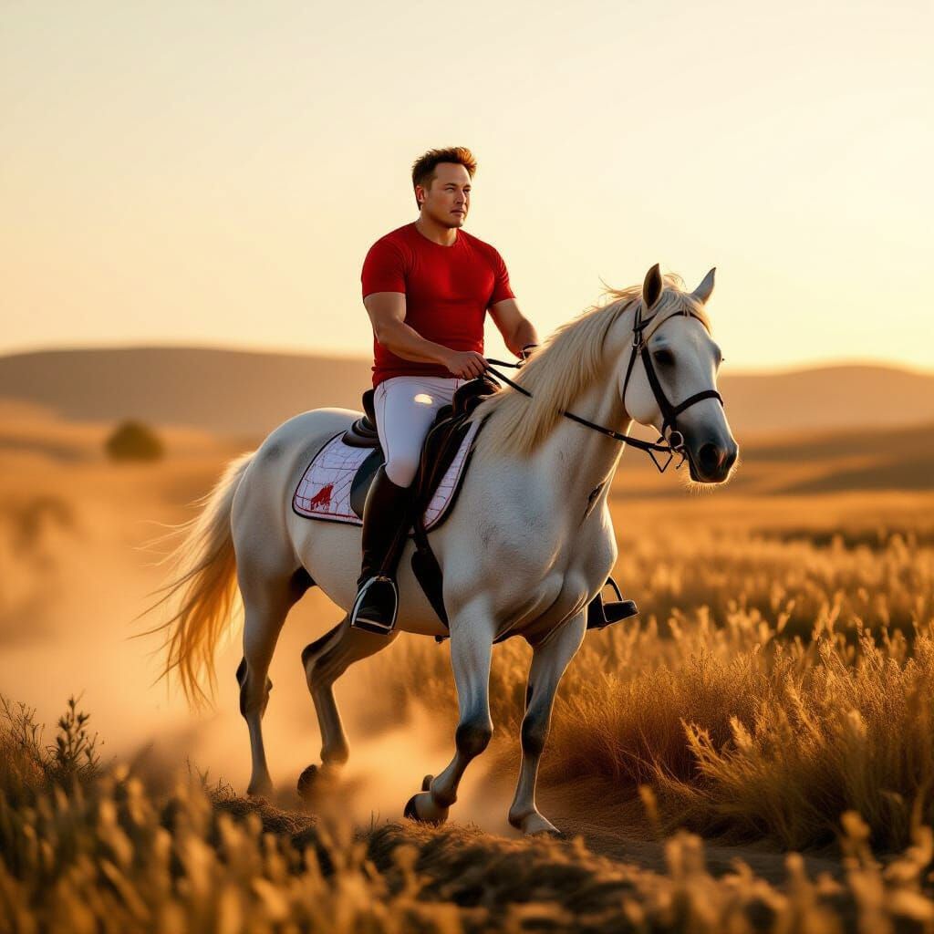 Elon Musk Riding White Horse in Golden Hour Light