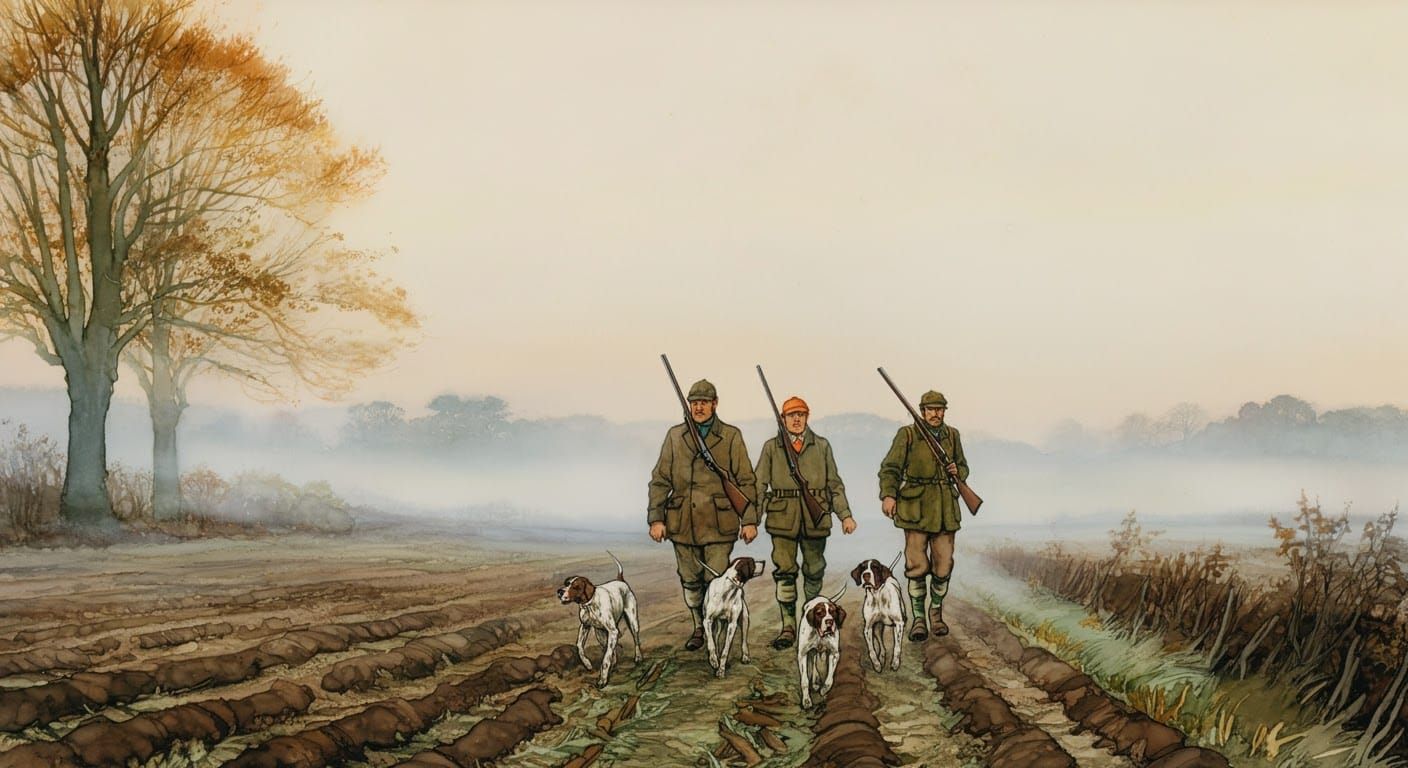 Hunters Amidst Foggy November Fields in Watercolor