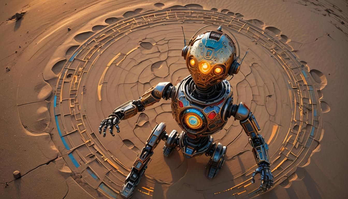Futuristic Desert Robot Mandala Art in Oil Painting Style