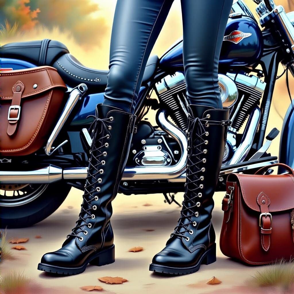 Leather Motorcycle Boots with Silver Grommets