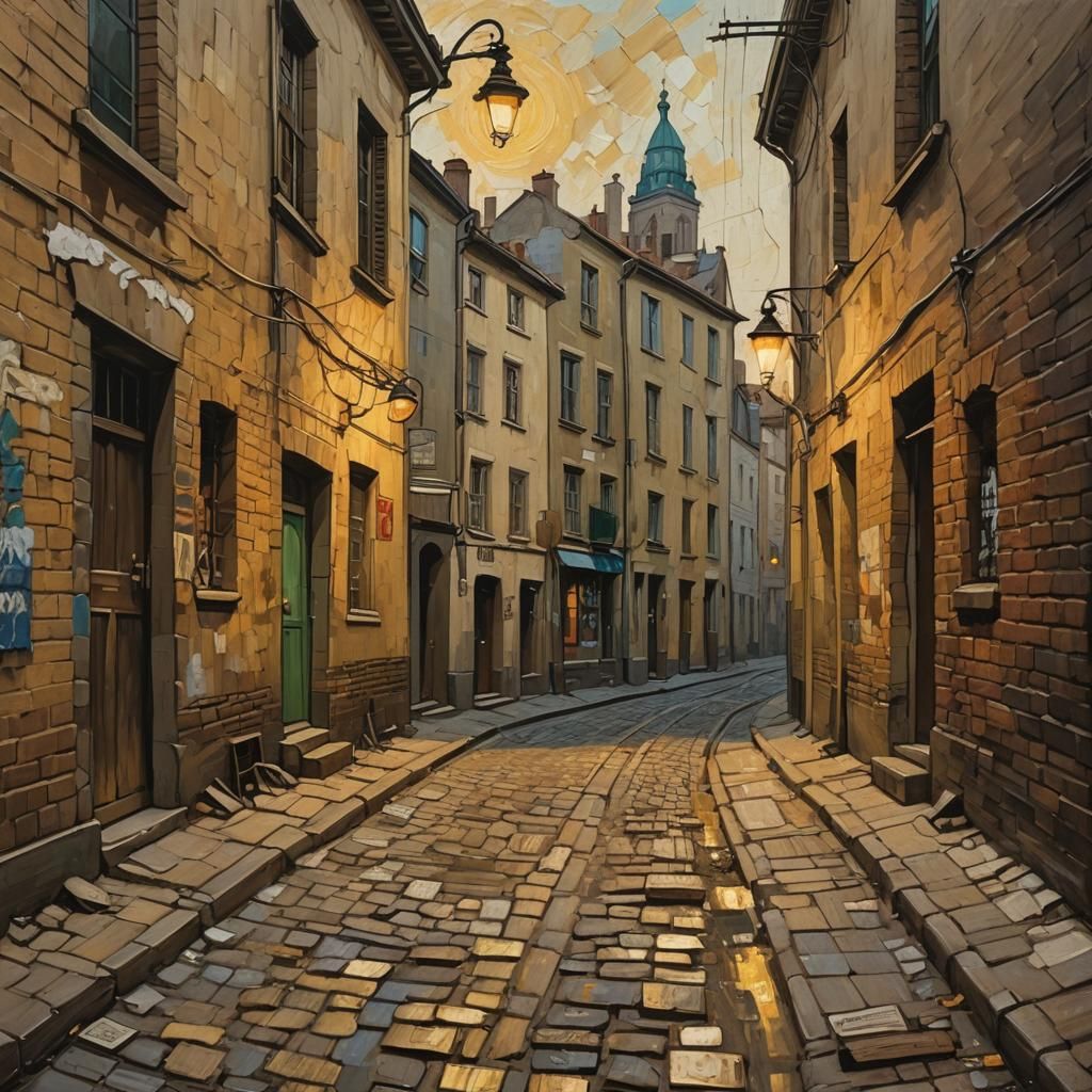 A dimly lit, worn cobbled alleyway
