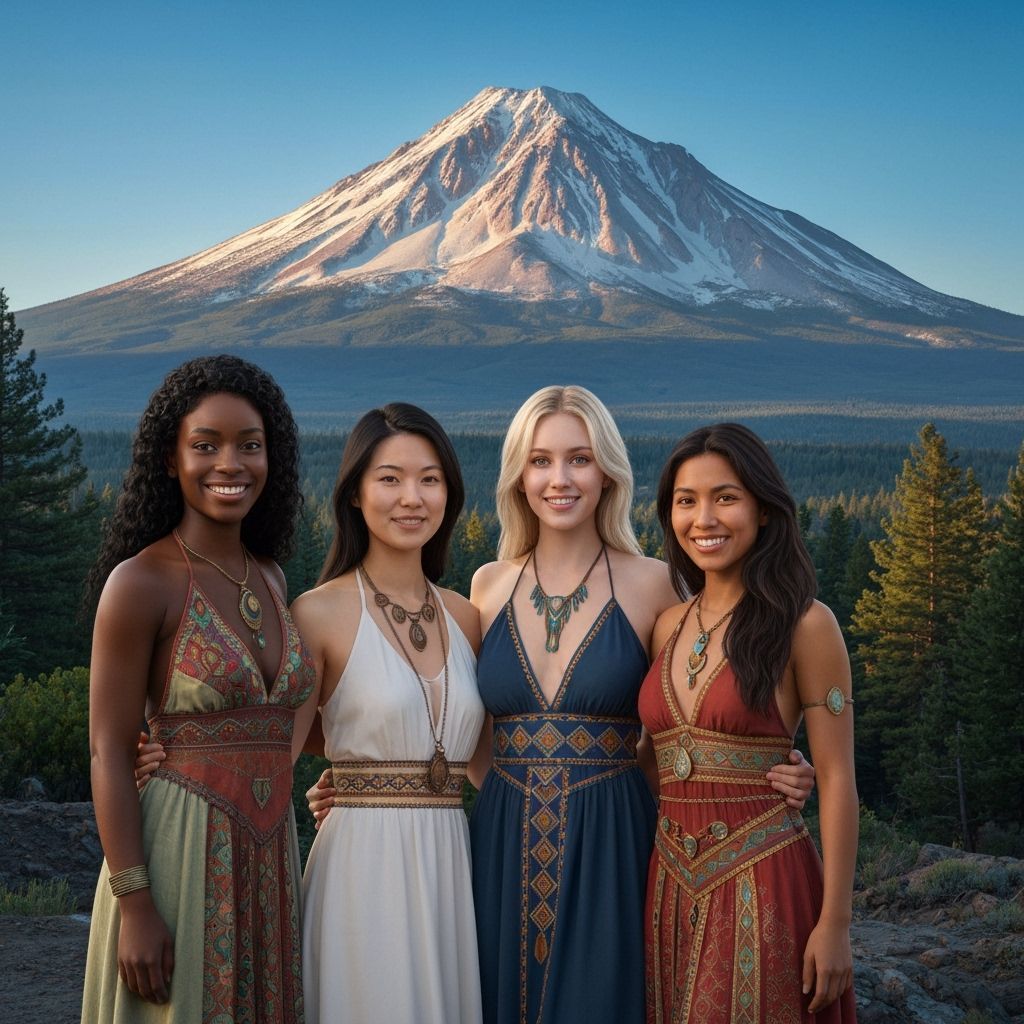 Diverse Women Pose Before Mount Shasta: Photorealistic Rende...