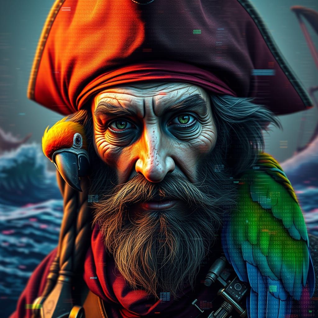 Glitched Pirate Captain Portrait in Steampunk Style