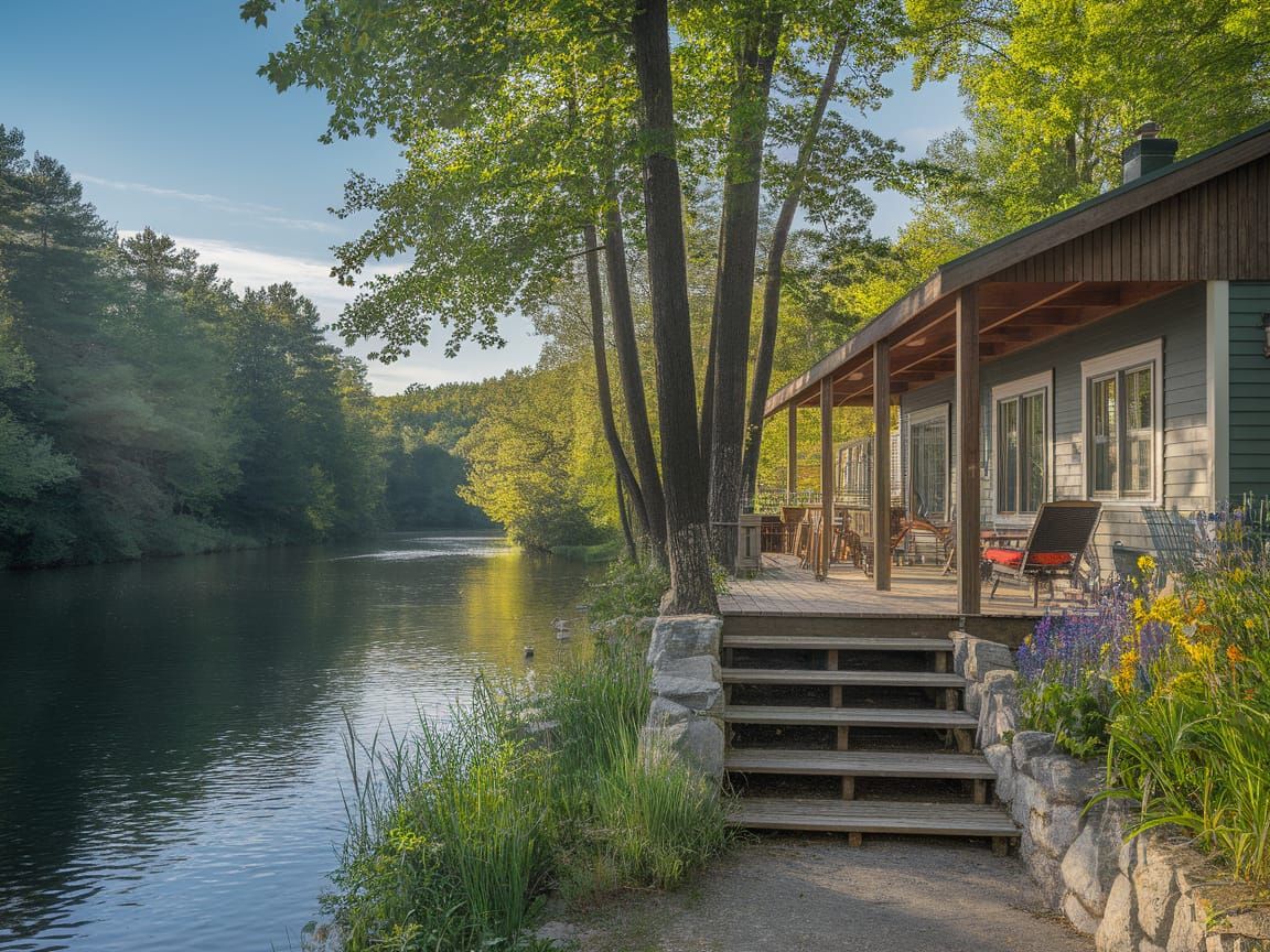 Serene River Cabin in Vibrant Forest Landscape