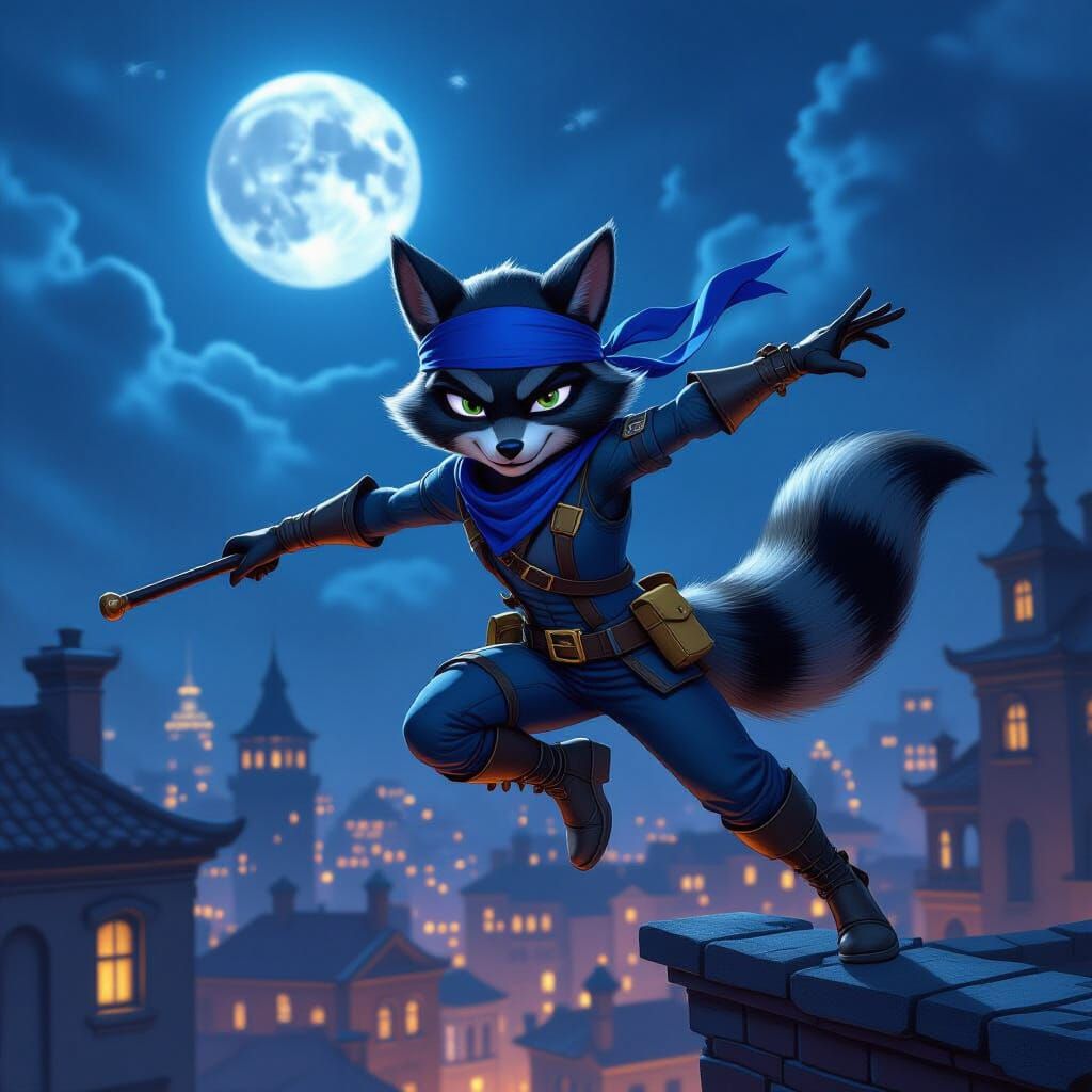 Sly Cooper Leaping Rooftops in Dramatic Urban Fantasy Style