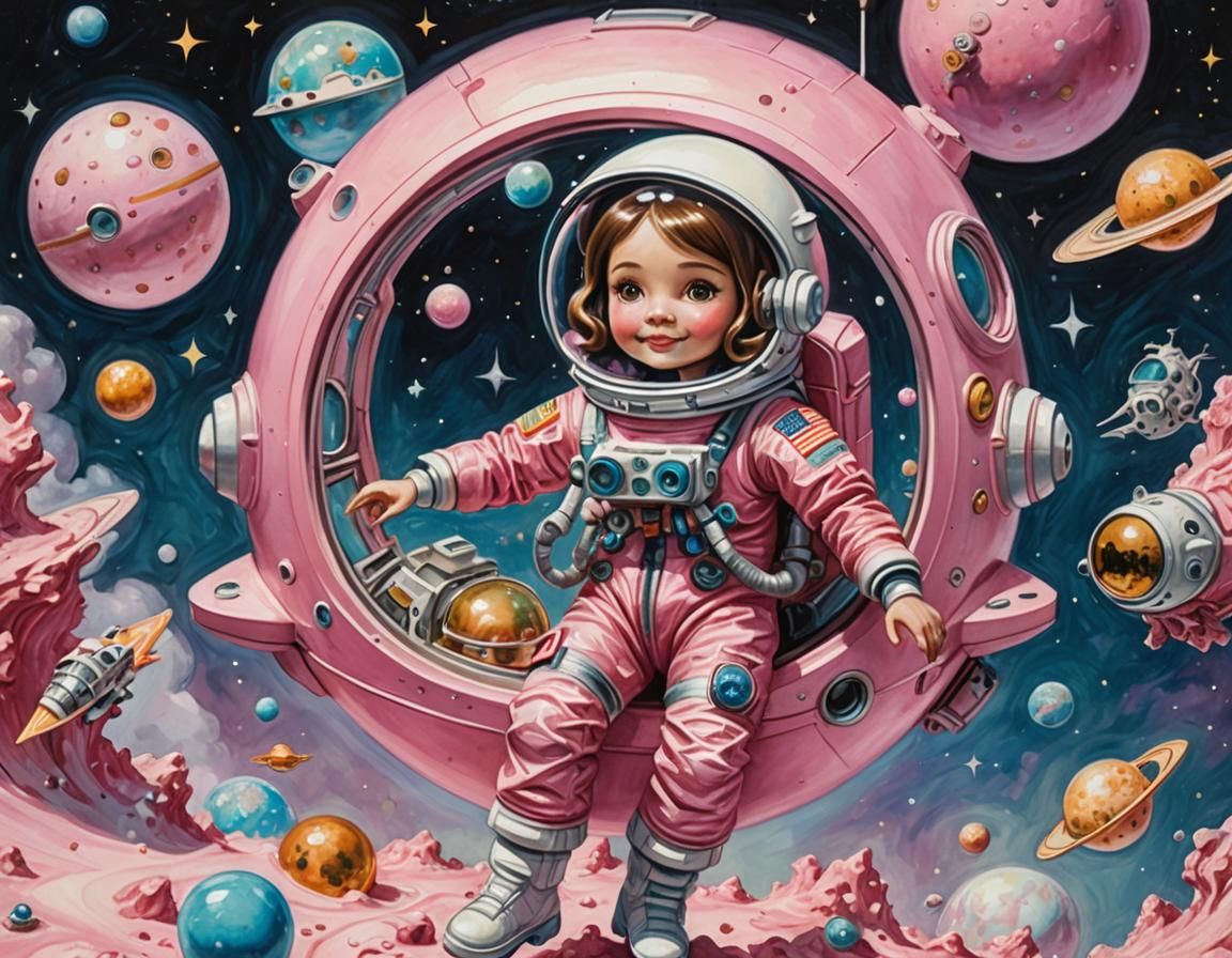 Barbie Astronaut Floats in Pink Gouache Universe