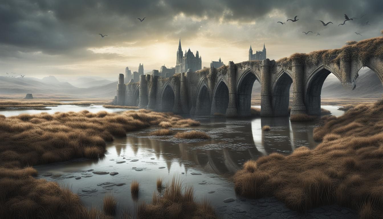 Medieval Stone Bridge Over Winter River Landscape