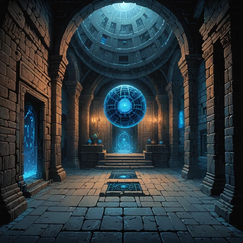 Blue Glowing Orb in Stone Room: Pixel Art