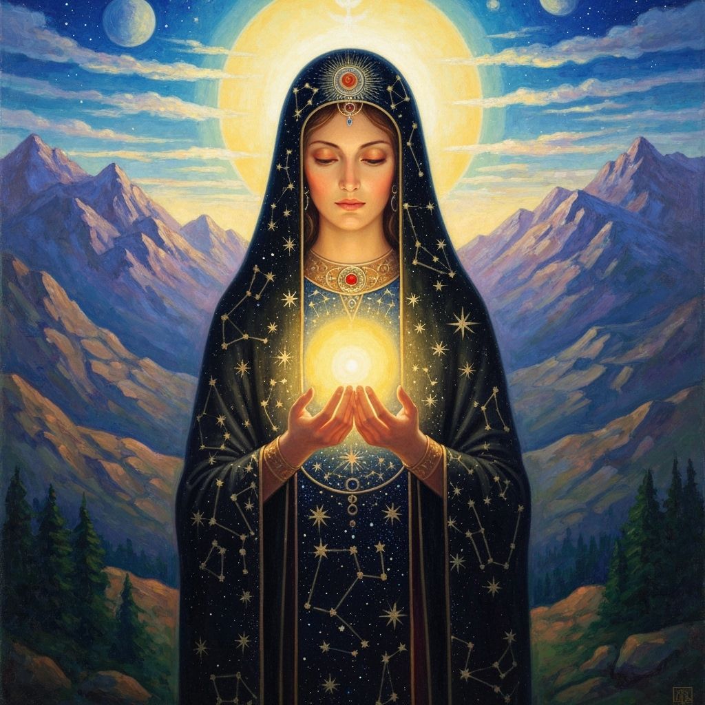 Celestial Goddess Holding Light in Mountain Landscape
