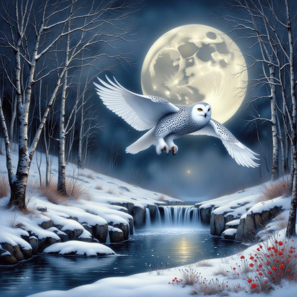 Snowy Owl Flies Under a Full Moon Over Winter Landscape