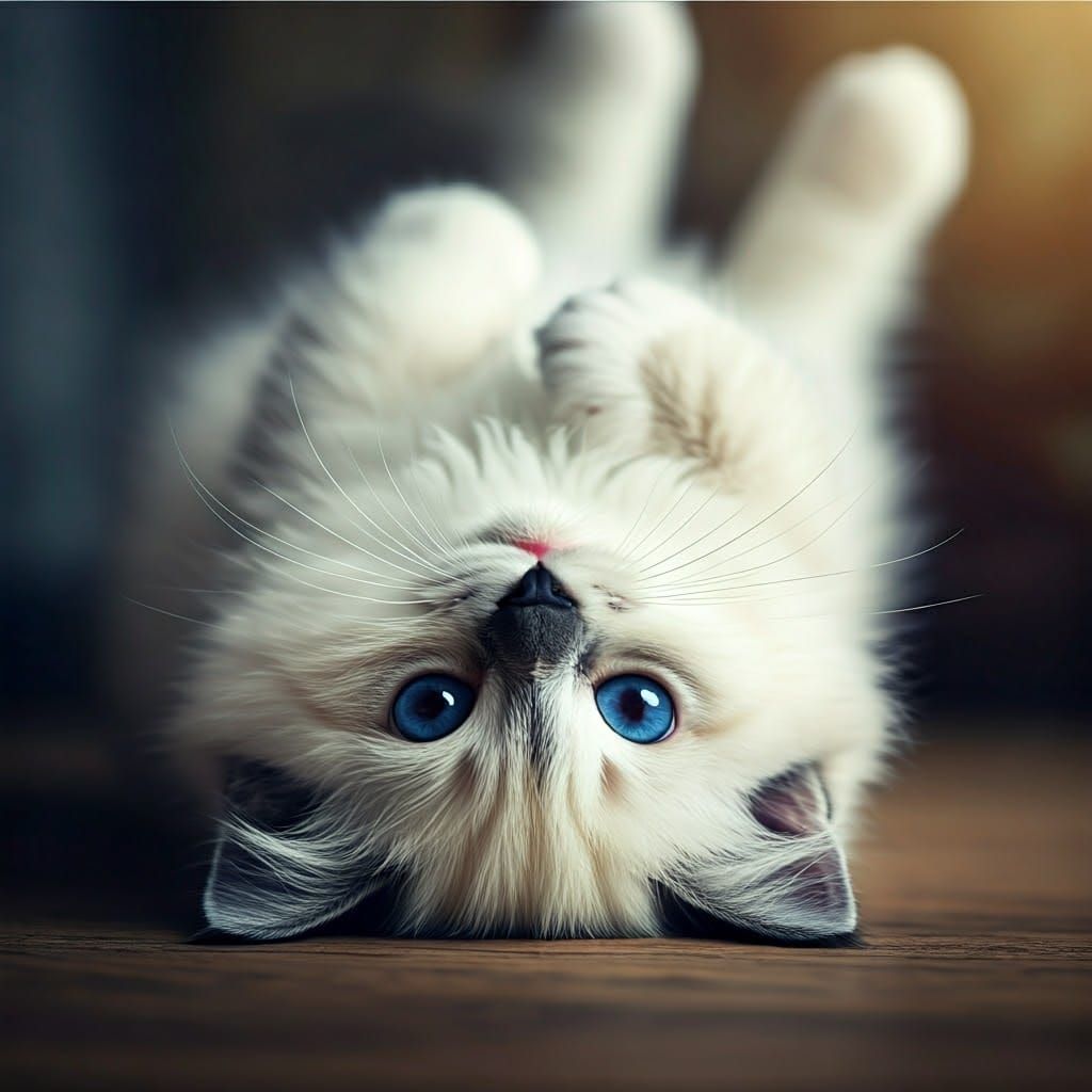 Hyper-Realistic Ragdoll Kitten in Upside-Down Playfulness
