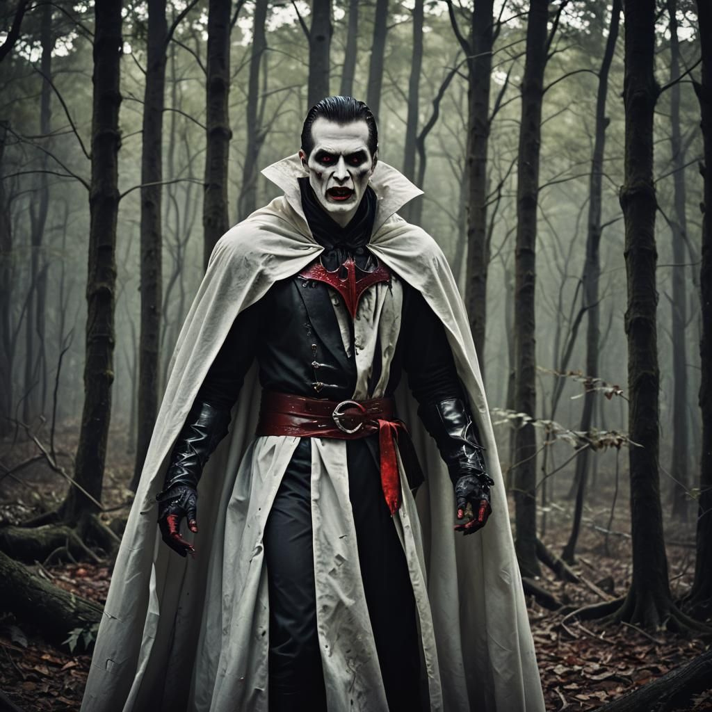Vampire with Red Eyes in Dark Forest