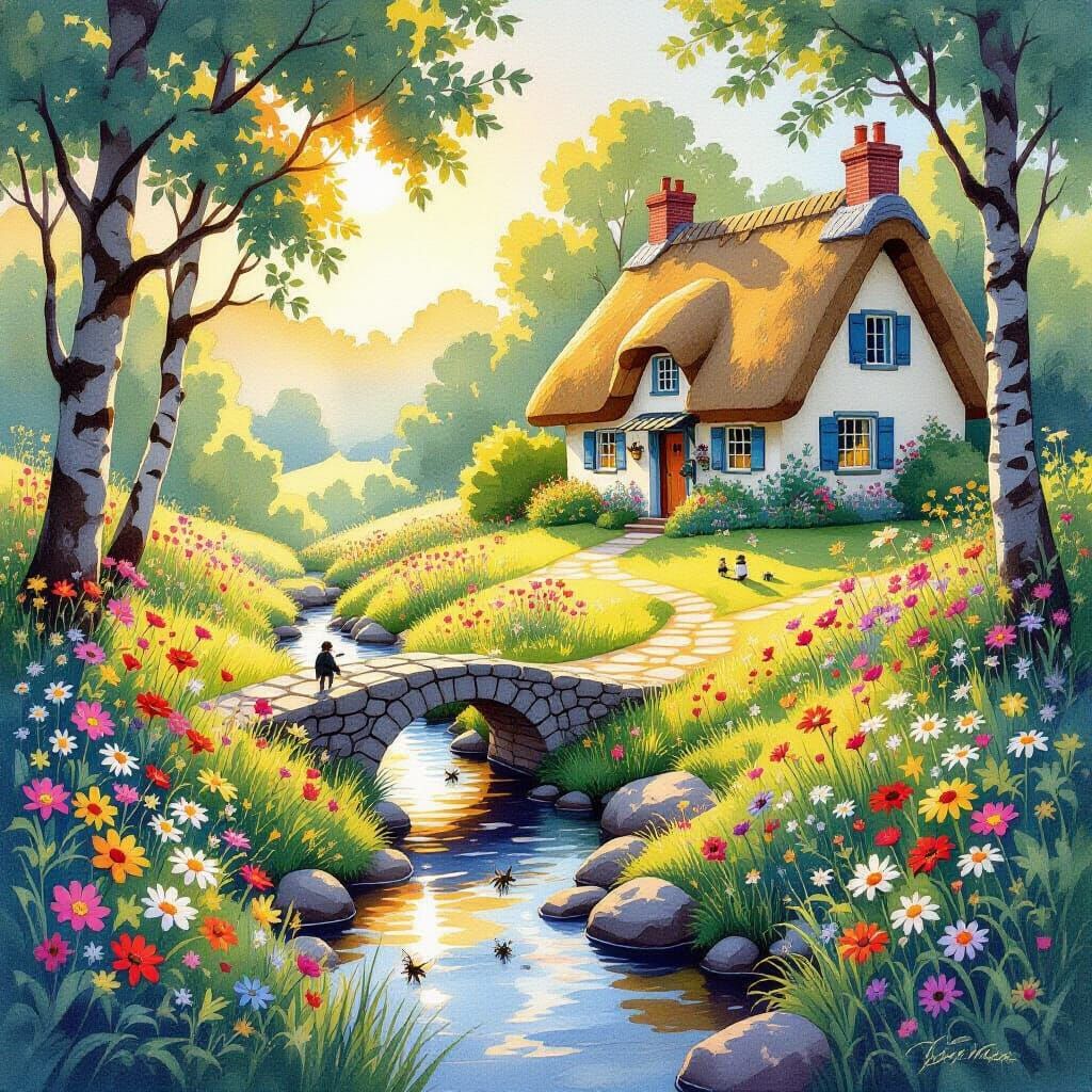 Woodland Garden at Sunset in Watercolor and Ink