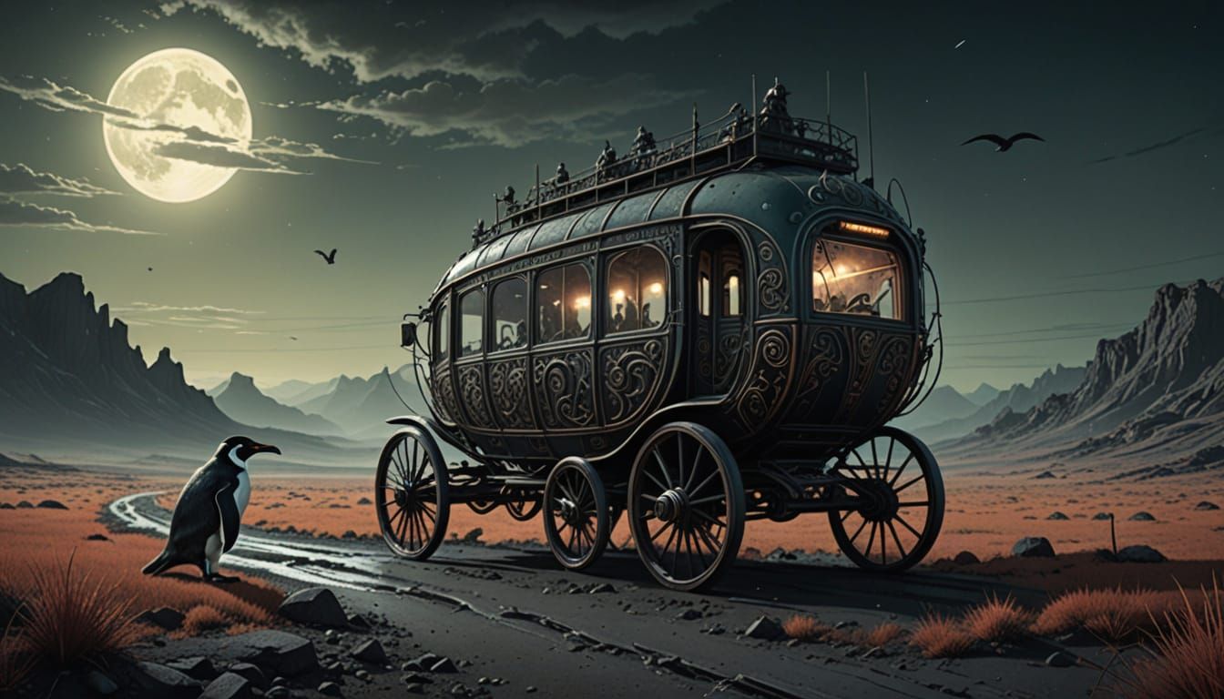 Bizarre Penguin-Spider Carriage on Desolate Plain