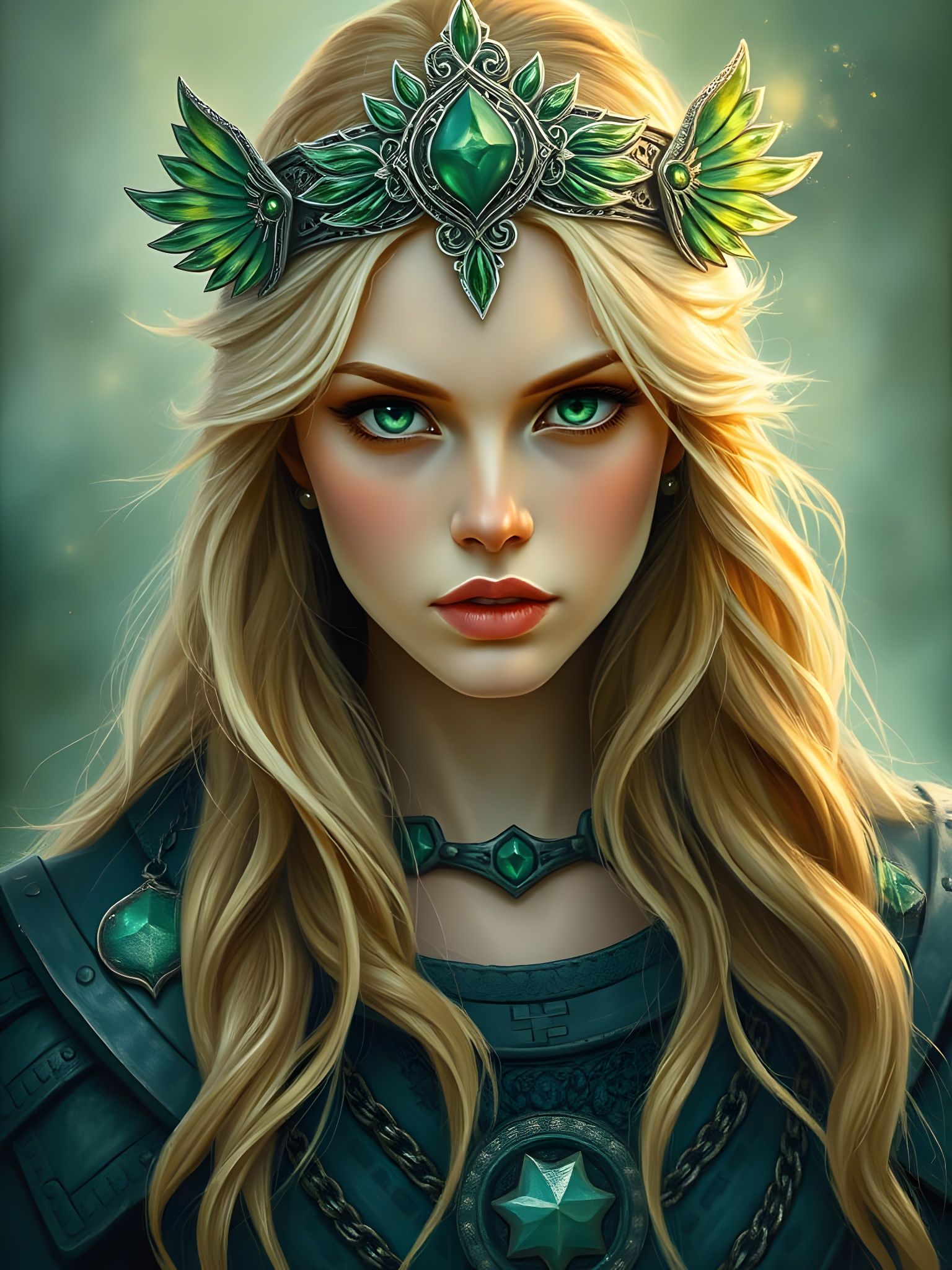 Norse Goddess in Emerald Splendor, Soft-Focused Oil Painting...