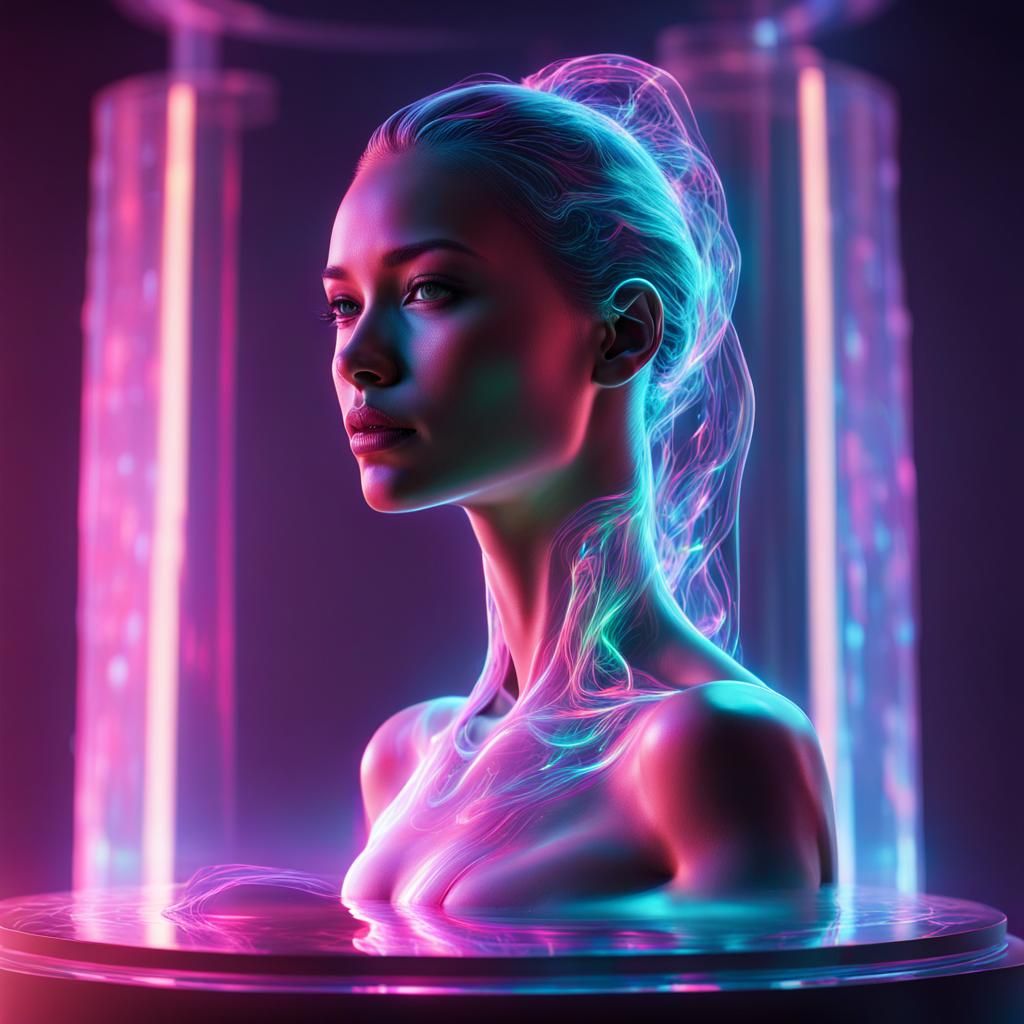Bioluminescent Hologram Woman in a Futuristic Utopia