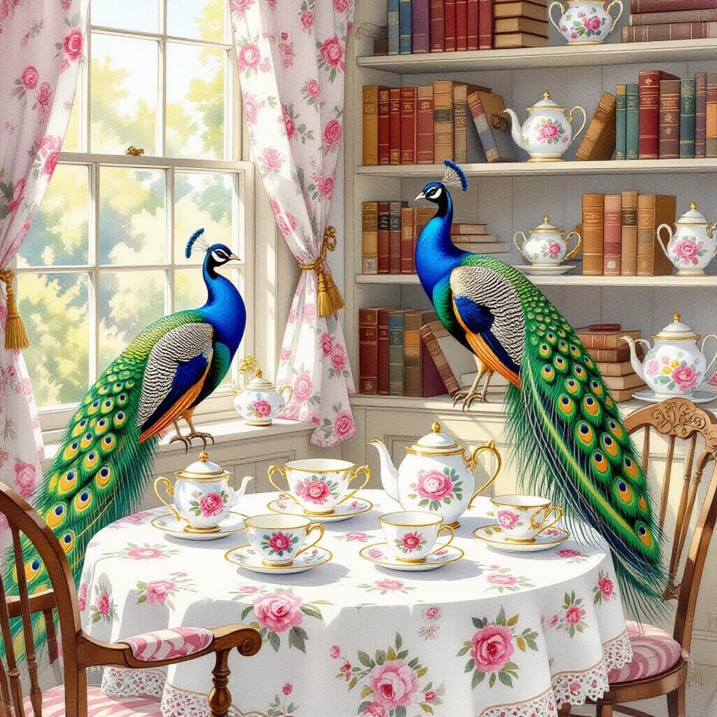 Serene Tea Room with Peacock in Watercolor Style