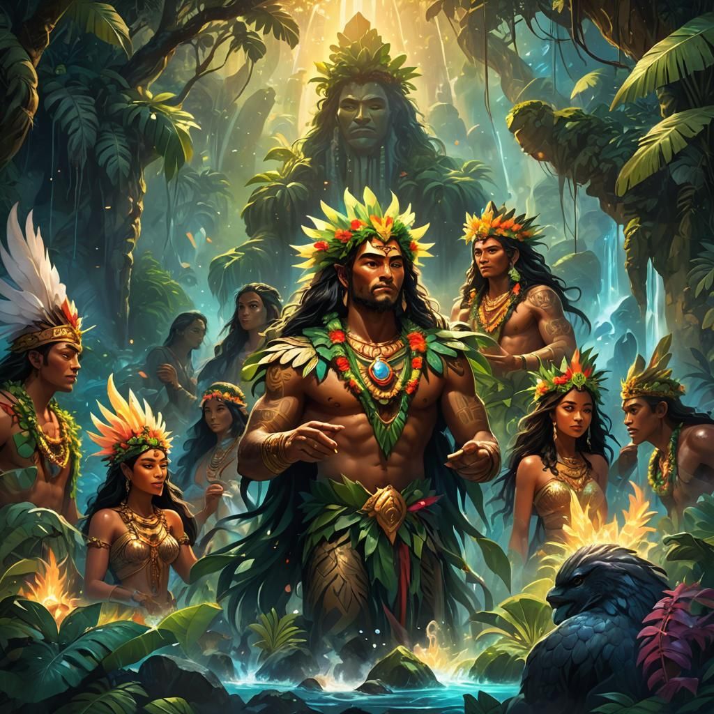 Hawaiian Gods Gather on Mystical Island: Fantasy Art