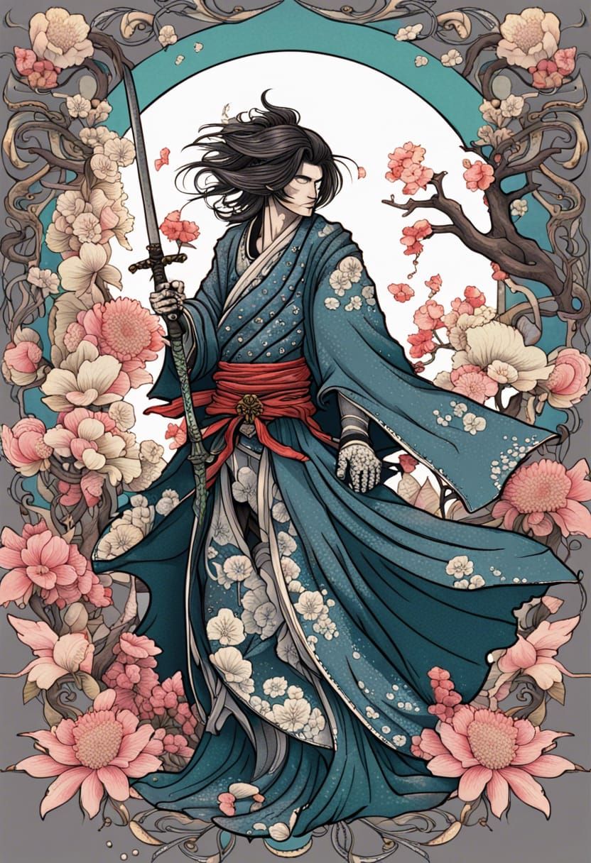 Art Nouveau Flower Samurai in Dark Fantasy Style