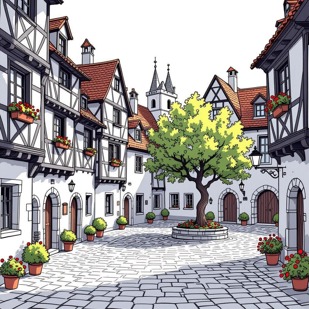 Minimalist Line Art of a Medieval City Square