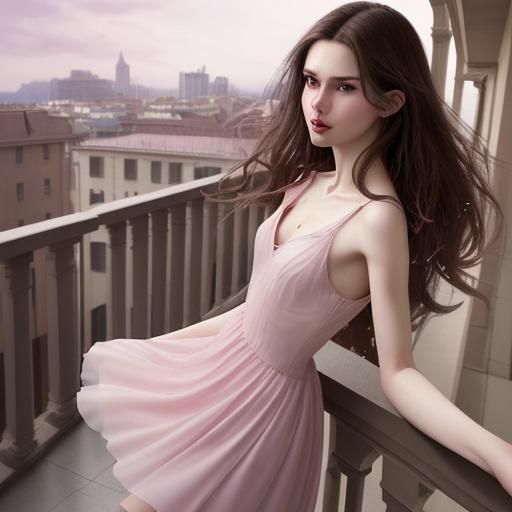 Hyperrealistic Portrait: Woman in Pink Chiffon Dress