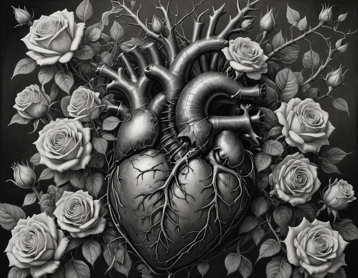 Anatomical Heart Squeezed by Roses: Charcoal Drawing