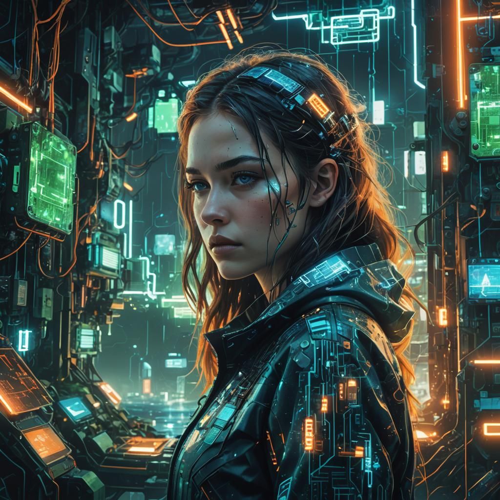 Cyberpunk Double Exposure: Dystopian World with Tranquil Ove...
