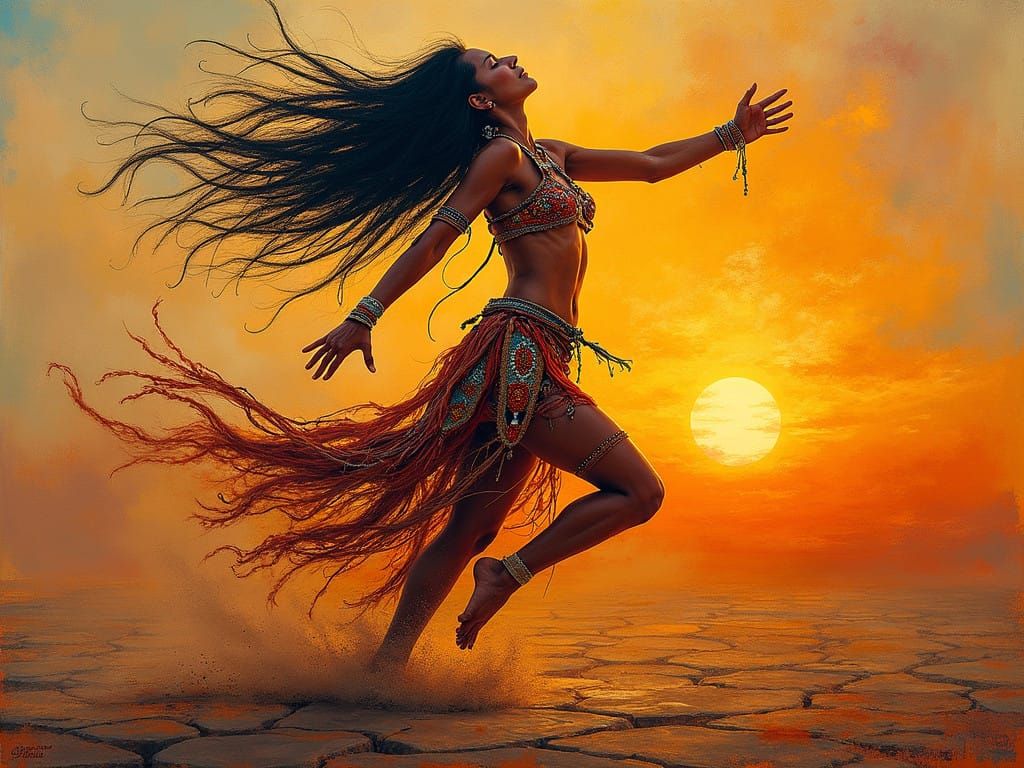 Native American Woman in Full Body Motion During Sun Dance C...
