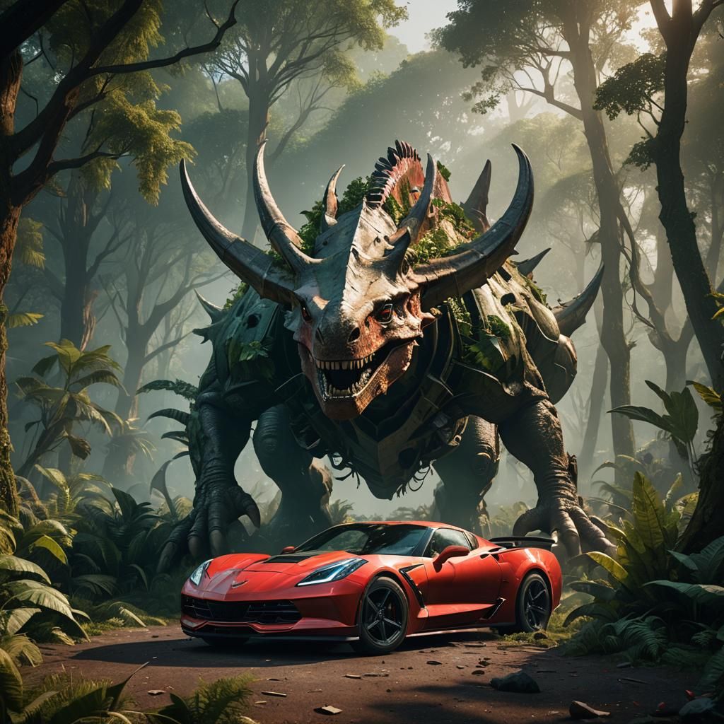 Triceratops Crushes Corvette in Hyperrealistic Jurassic Scen...
