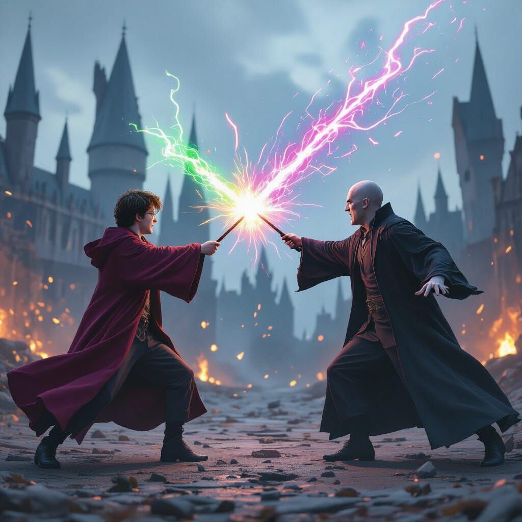 Harry Potter and Voldemort Duel in Battle of Hogwarts