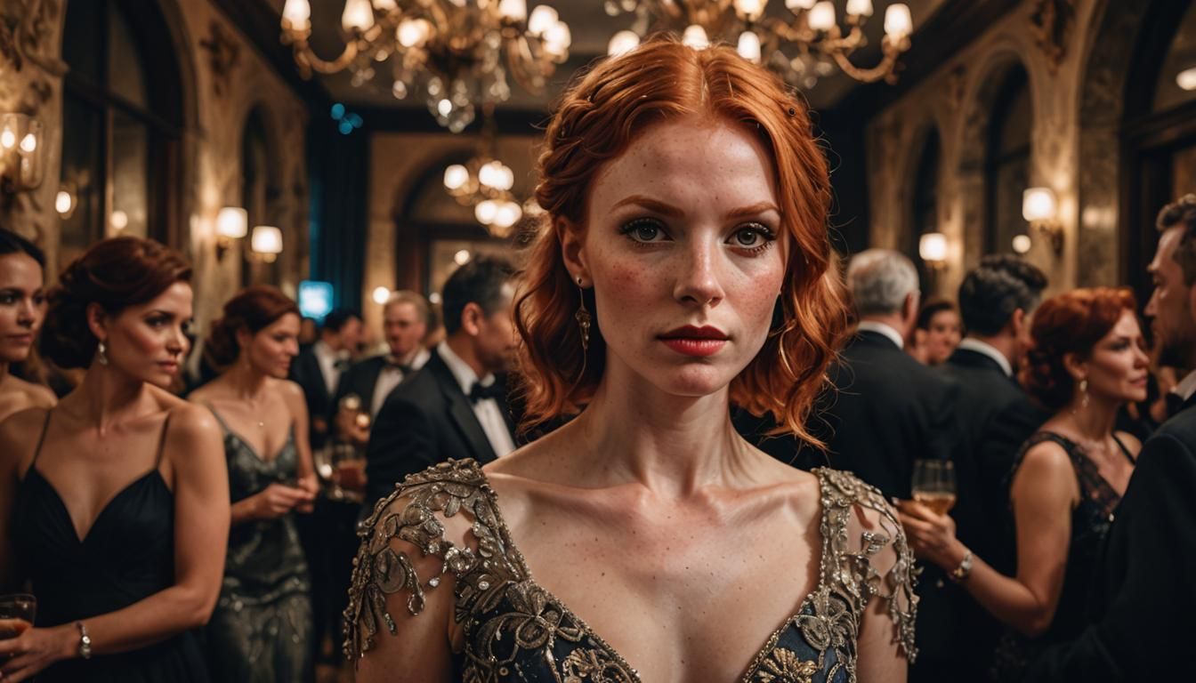Hyperrealistic Portrait of Redhead at Cocktail Party