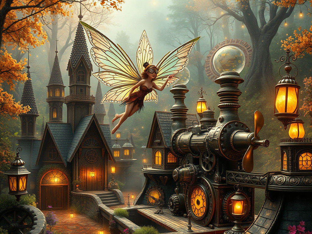 Steampunk Fairy Village with Flying Fairy
