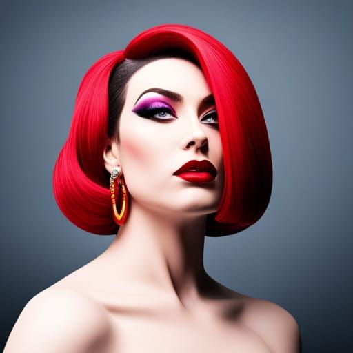 Drag Queen with Red Bob and Hoop Earrings
