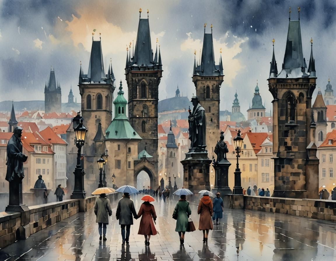 Romantic Prague: Watercolor Panorama of Charles Bridge