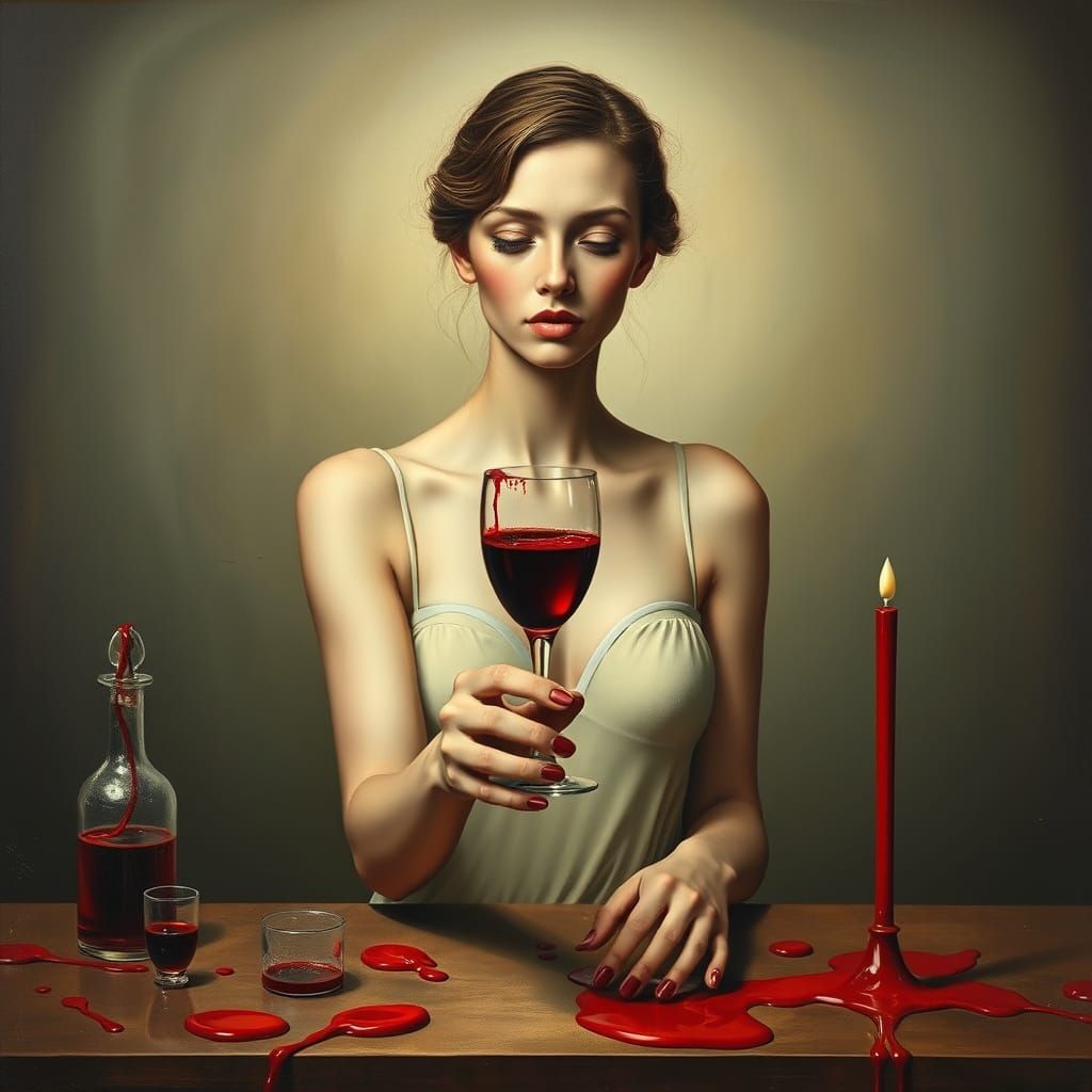 Surreal Woman with Blood Glass in Dali Style