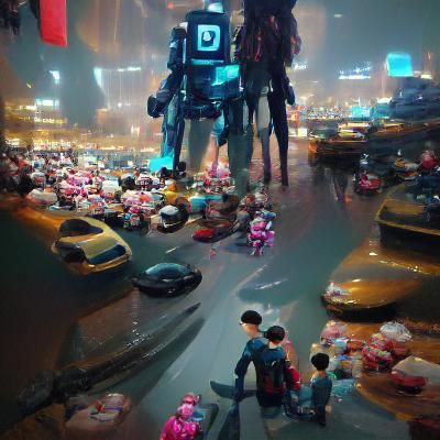 Chongqing Night Scene with Robot Companions