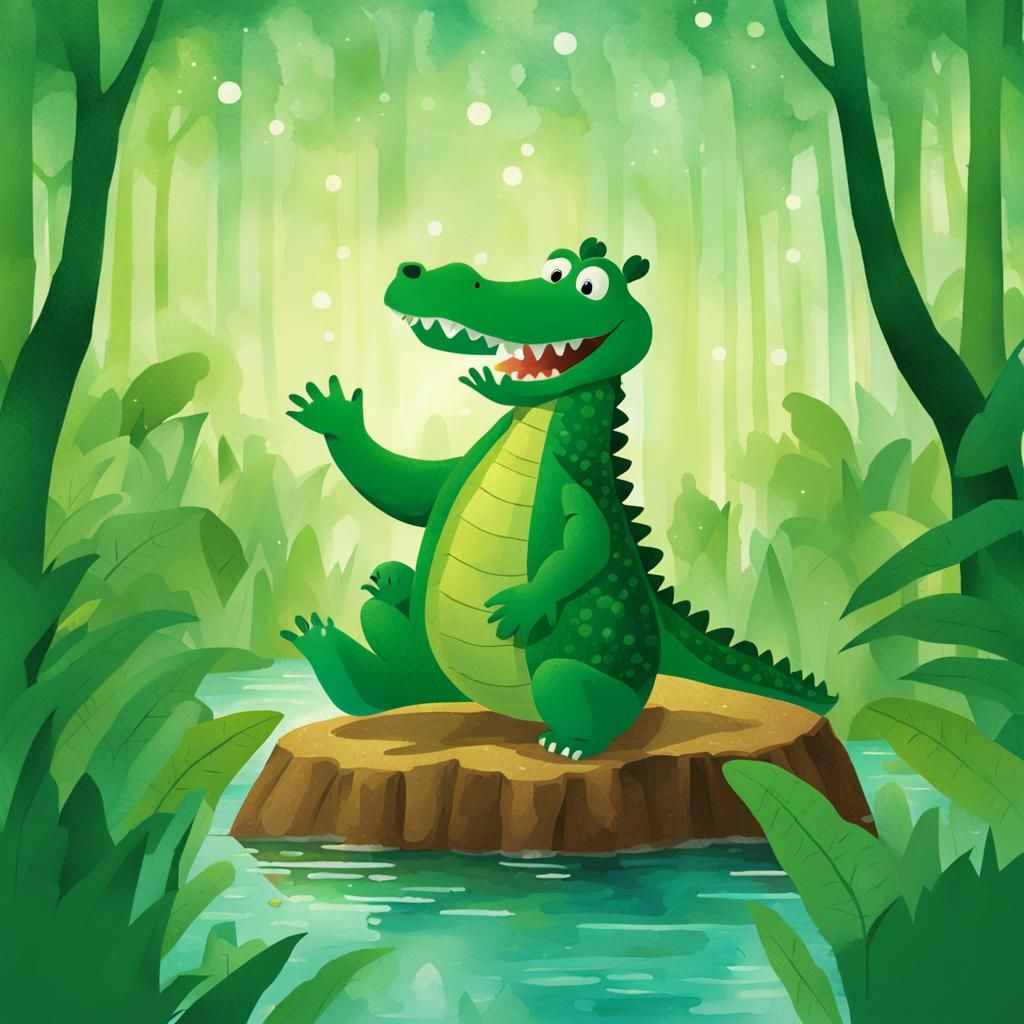 Lyle Lyle Crocodile singing all in green bokeh storybook illustration